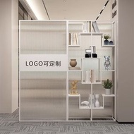_公司前臺長虹玻璃展示架辦公室隔斷牆屏風展廳logo形象牆置物架子