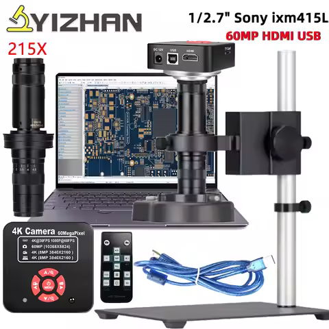 60MP 48MP HDMI Monocular Video Microscope Camera 60FPS+Lens 215X C-mount Adjustable LED Light For Ph