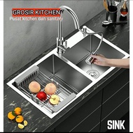 Kitchen sink stainless 8245 komplit set kran tarik /Bak cuci piring 2 lobang