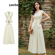 Lovito Stylish Skirt Sets with Plain Pleats, Button Detailing, and Double Layer Design for Women L80