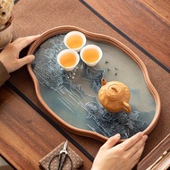 Begonia Flower Glass Tea Tray Retro Bamboo Tea Tray Simple Household Tea Room Fruit Snack Tray Stora
