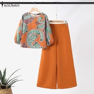 ZANZEA เสื้อสูทผู้หญิง2ชิ้นแขนโคมไฟเสื้อพิมพ์คอกลมเสื้อกางเกงขาม้าชุดลำลอง #2