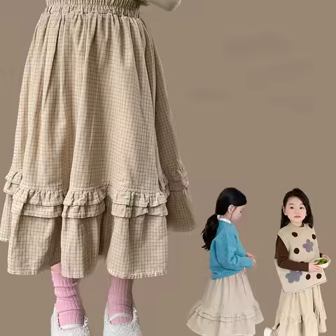 Spring Girl's Ladies Pit Stripe Checkered Printed Skirt For Children'S Autumn Mid Length Lace Half B