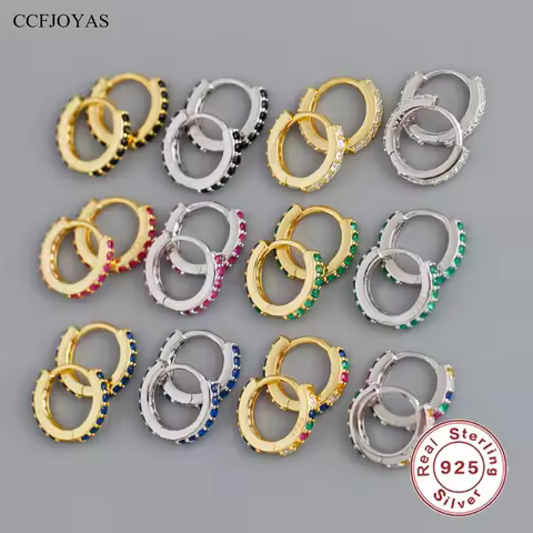 CCFJOYAS 8.8mm 925 Sterling Silver Multicolor Zircon Hoop Earrings for Women Pave a Row of Zircon Ro