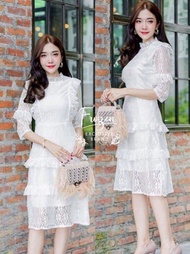 maya-fashion เสื้อผ้าผู้หญิง  เดรสลูกไม้สั้น ชุดลุกไม้สีขาว ชุดไปงานบุญ ชุดไปงานบวช เดรสออกงานลูกไม้