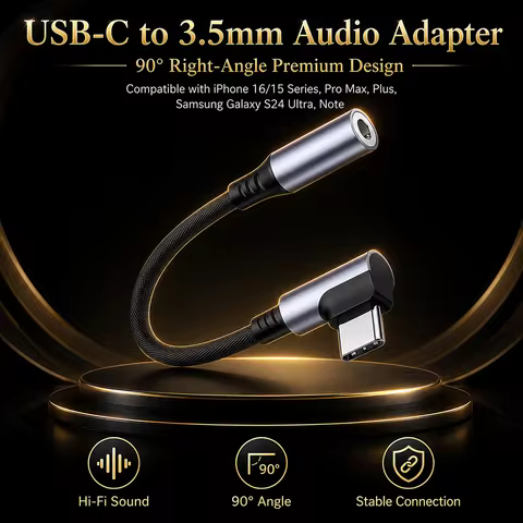 90 Degree USB-C to 3.5mm Headphone Jack Adapter, Type C Aux Audio for iPhone 17 16 15 Pro Max Samsun