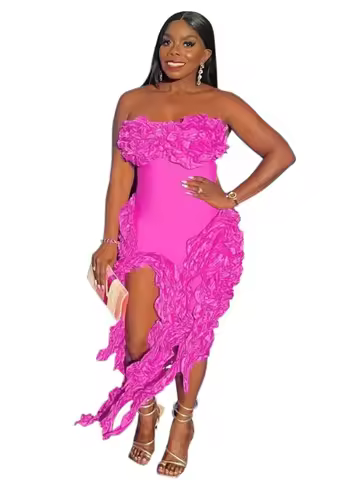 2025 New Women's Fringed Bandage Midi Dress Glam Strapless Irregular Ruffle Party Cocktail Dress Fem