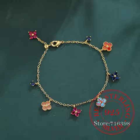 925 Sterling Silver 4-leaf Clover Colorful Flower Charm Bracelets for Woman Homme Fashion Charm Wedd