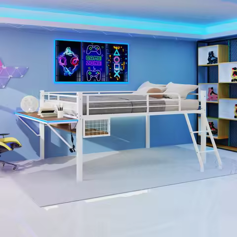 Full Size Metal Loft Bed with Built-in Desk and LED Light Strip, White Loft Bed Frame with Safety Gu