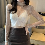 Black mesh bottoming shirt feminine round neck small tight thin T-shirt