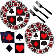 60Pcs Casino Party Supplies Poker Tableware Set 7"Poker Paper Plates and Casino Napkins Fork for Cas