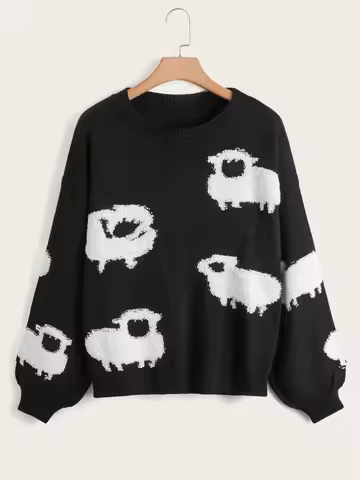 Women's Cute Sheep Pattern Fuzzy Knit Sweater Crew Neck Balloon Sleeve Oversized Fall Winter Pullove