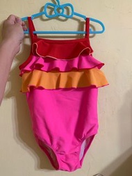 二手良品女童粉紅波浪彩虹連身泳衣