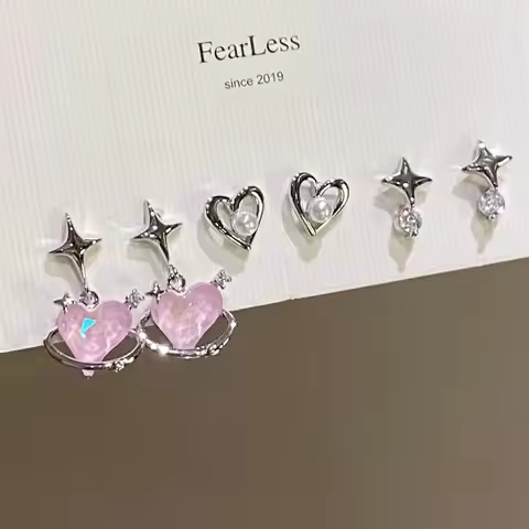 6Pcs/Set Women's Personality Fashion Y2K Pink Crystal Temperament Earrings Piercing for Ears Korean 