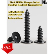 [HL-ZGLS] Black SUS304, Hexagon Socket Thin Flat Head Self-Tapping Screw, M2/M2.3/M2.6/M3/M3.5-M8, H