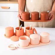 Seasoning Jar Salt MSG Seasoning Box Household Kitchen Combination Set Ceramic with Lid Sauce Vinega