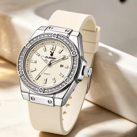PLAYBOY Woman Elegant Date Quartz Wristwatch Waterproof Luminous Diamond Bezel Watches for Woman Lux