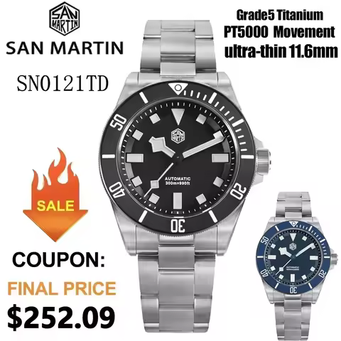 San Martin SN0121TD Titanium Diving Watch PT5000 Automatic Movement Watches Grade5 Titanium 120 Clic
