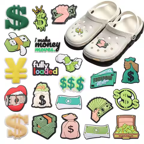 New Arrival 1-21pcs Shoe Charms Green Dollar Bill Money Bag PVC Accessories Shoes Buckle Decorations