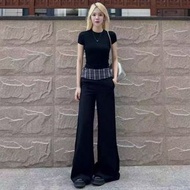 夏季一套女裝小香風修身短袖T恤上衣高腰顯瘦闊腿褲兩件套潮-黑色 套裝 S（建議75-90斤）