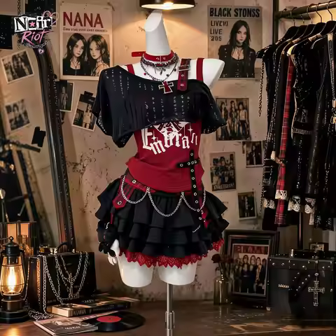 Punk Princess Gothic Subculture 3pcs Set Women Off Shoulder Cross Chain Detail Crop Top Ruffle Mini 