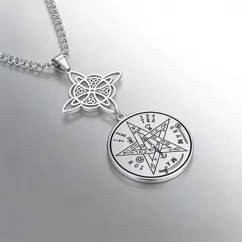 32*35CM Witch Knot Pentagram Tetragrammaton Necklace Stainless Steel Amulet Jewerly for Men