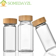 SOMEDAYMX Spice Jars, Glass Square Spice Bottle, 120ml Perforated Transparent with Bamboo wood lid Seasoning Bottle Powder