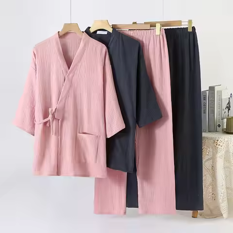 Couple Kimono Robes with Long Pants 2 Pcs Pajamas Set Cotton Seven Quarter Sleeve Long Pants Home We