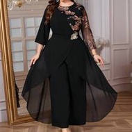 Plus Size Women Floral Sequin Contrast Mesh Elegant Jumpsuit Wedding Guest Dress For Women Wedding P