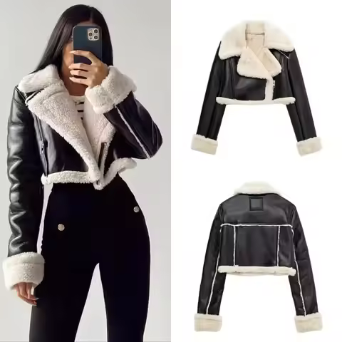 Women's Cropped Leather Jacket Coat Black Wool Blends Coats Bomber Tweed Jacket Autumn Winter Leathe