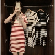Women Polo Neck Shorts Sleeve Striped Dress Plus Size Causal Dress for Women