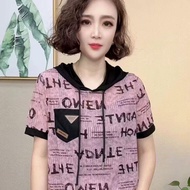 2025 Summer New Womens Short Sleeve Hooded T-Shirt Student Korean Style Loose Fit Top Plus Size Wome