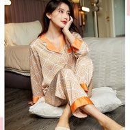 Orange printed pajamas silk pajama sleepwear silk long sleeve satin pajama pantulog silk for women pajama for woman silk Ice silk suit pajama terno long sleeves for women