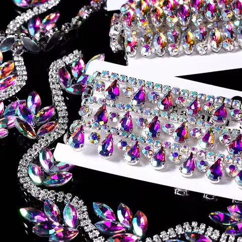 DUcrystal Glass Rhinestone Hot Fix Rhinestone Motif Chain Glass Crystal Chain hot Fix For DIY Clothe