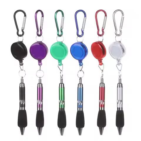 1Pc Mini Ballpoint Pen with Carabiner Buckle Ring Key Chain Anti-Lost Pull-String Pen Metal Ball-Poi
