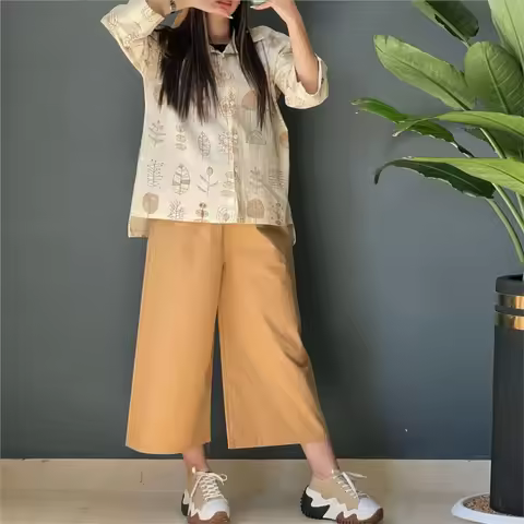 Spring Autumn Printed Shirt Seven Point Sleeve Women's Suit Fashion Casual Loose Simple Elegant Fema