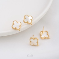 █A.ιA゜14K gold●〔 1 Pair 〕°925 Silver Needle 14K Gold-packed Color Retention Inlaid Natural Shell with Ring Four-leaf Clover Earrings Handmade Mother-of-Shell Earrings Jewelry