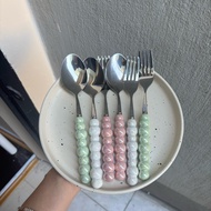 Set of 2 long, sturdy spoons and forks - ceramic handle and pastel-colored stainless steel body that