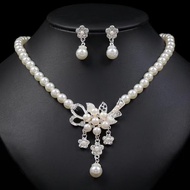 Super Flashing Pearl Bridal Necklace Female Earrings Two-Piece Set Simple Dress Wedding Accessories 