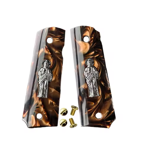 1911 Grips Full Size,Brown pearl with Silver Saint Jude,Fits Colt,Kimber,Springfield,Remington,Rock 