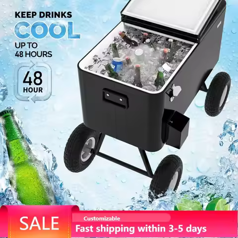 80QT Rolling Cooler Ice Chest w/ Long Handle & 10" Wheels, Portable Beach Patio Party Cart, Outdoor 