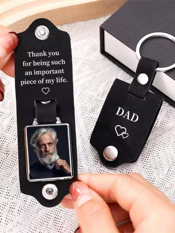 Personalised Men's Leather Keychain with Built-in Photo, Metal Tag Photo Keyring, Engraved Keychain,