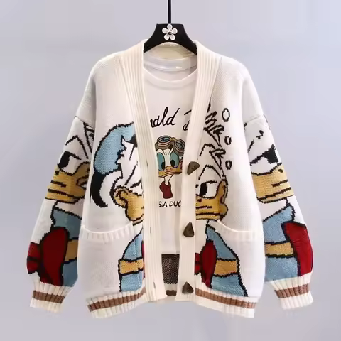 Disney Cartoon Jacquard Sweater Jacket Women's Autumn and Winter Women's Clothing Lazy Style Loose V