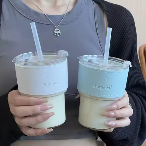 400ml Water Bottle Creative Glass Coffee Straw Cup with Lid Water Bottle Beer Tea Drinkware Couple C