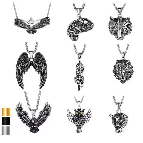U7 Big Stainless Steel Animal Pendant Necklaces Vivid 3D Rhino Eagle Wolf Tiger Lizard Flying Wings 