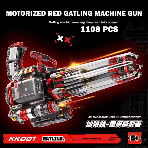 WW2 Military Shootable Motorized Red Gatling Gun Building Blocks World War II Machine Gun Weapons DI