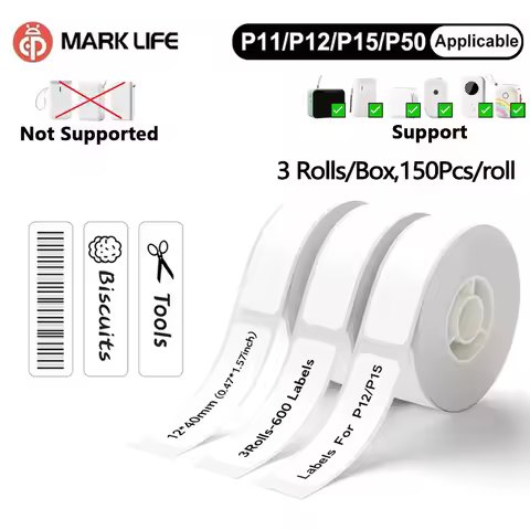 Marklife 3Rolls Labels P15 Thermal Label Adhesive Sticker Thermal Tape For P15,P12,D30,M110,M220,M1,
