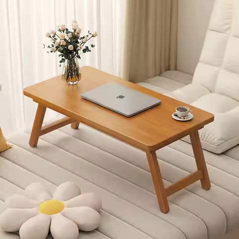 Modern Foldable Coffee Table Brown Bamboo Top Contemporary Style for Bay Window, Balcony, or Study A