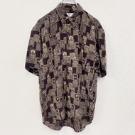 古著 SABLINA VALENTINO短袖全印花襯衫，幾何圖案和胸袋，ブラウン，復古，M 碼