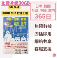Softbank - 日本/韓國/台灣/中國內地/大陸/ 澳門【365日 30GB FUP】5G/4G Lucky Sim 多國通 極高速 無限數據卡 上網卡 電話卡 旅行電話咭 Data Sim咭(